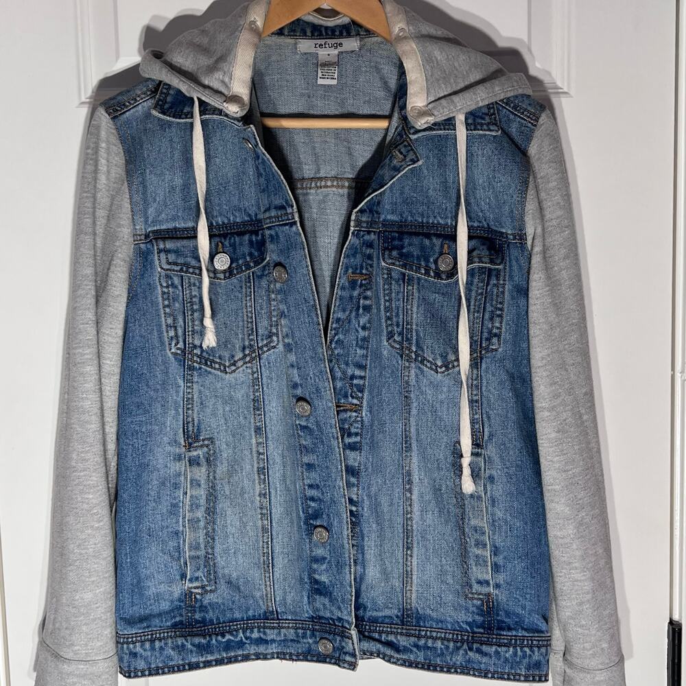 Refuge Denim Jacket with Sweatshirt Sleeves and Hood, Women's Size S